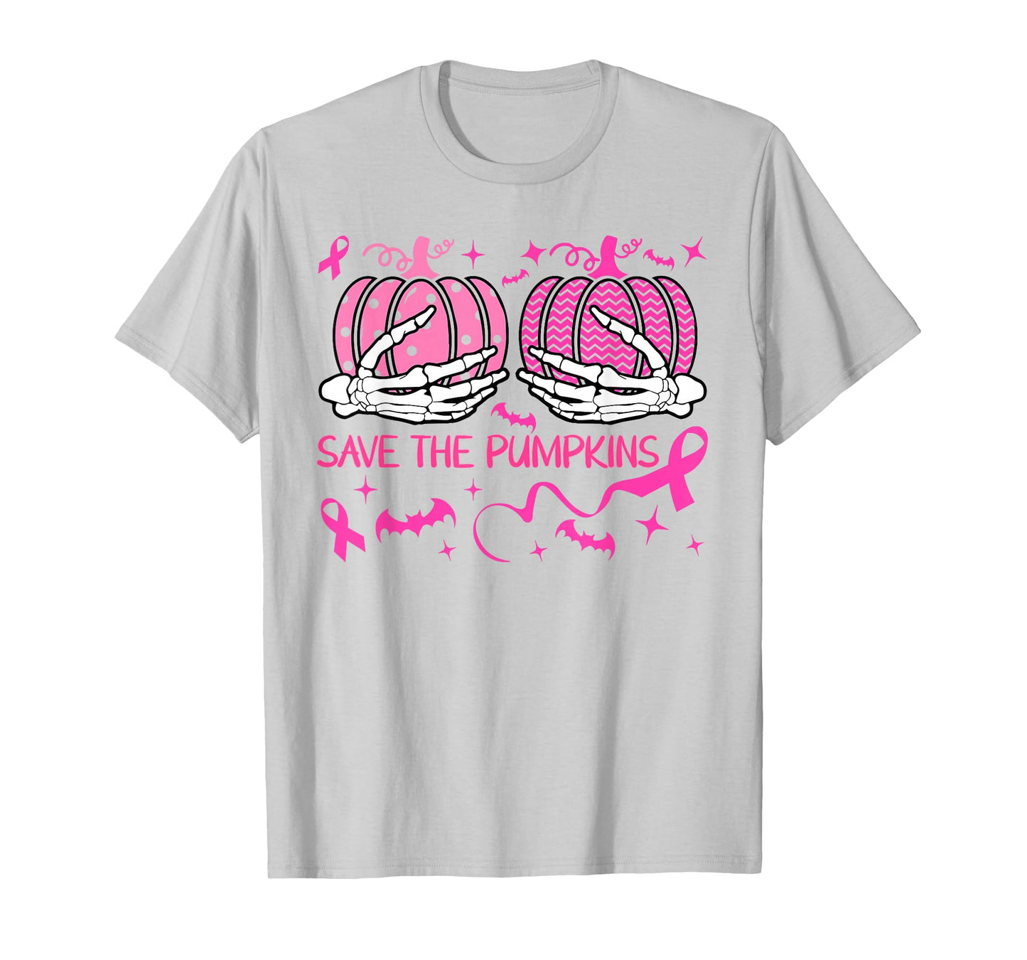 Save The Pumpkins Breast Cancer Skeleton Hand Pink Ribbon T-Shirt