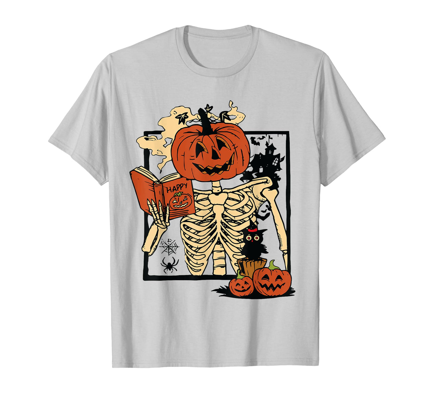 Skeleton Pumpkin Halloween Book Reading Books Lover Teacher T-Shirt