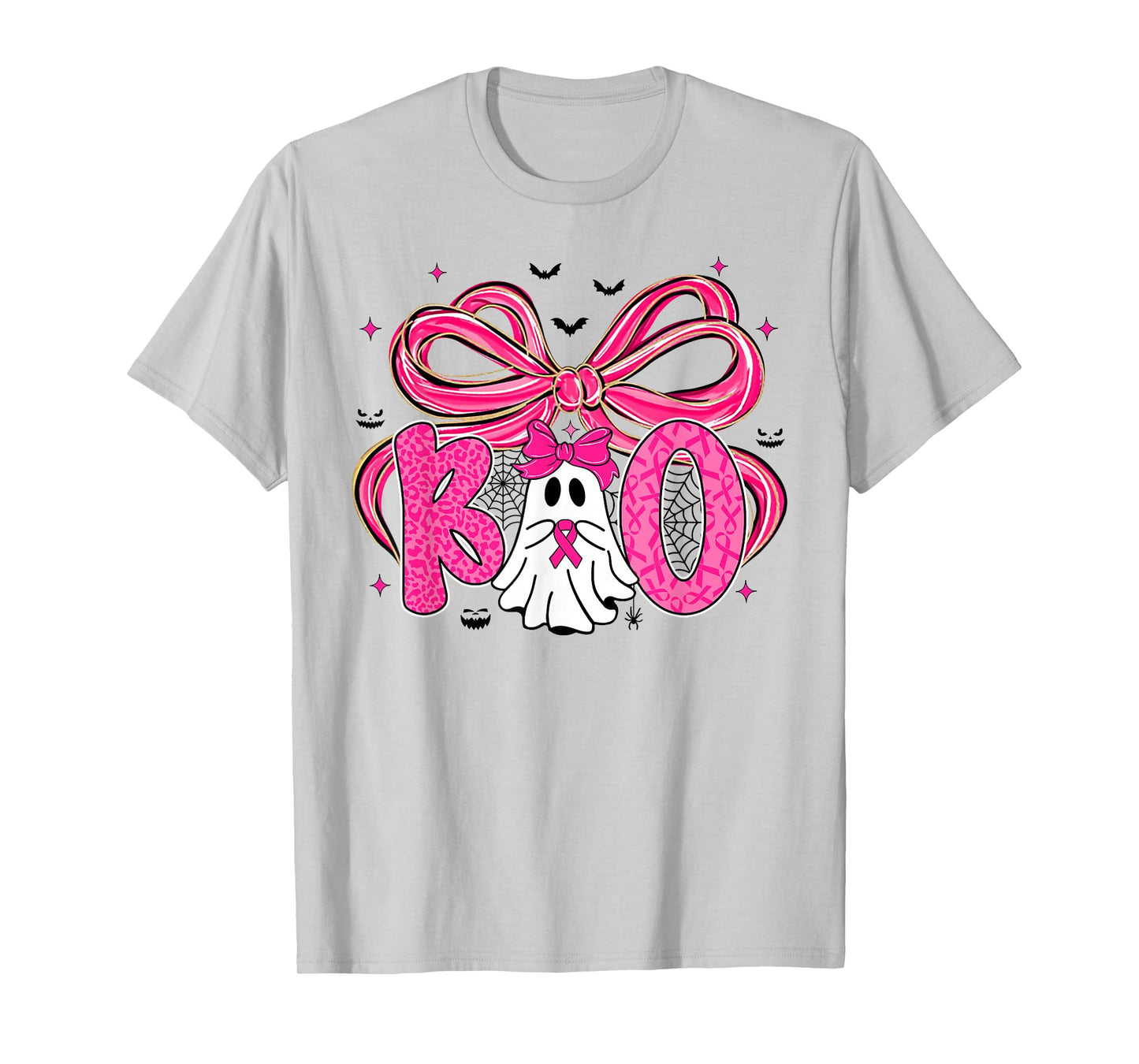 Coquette Bow Ghost Boo Breast Cancer Awareness Halloween T-Shirt