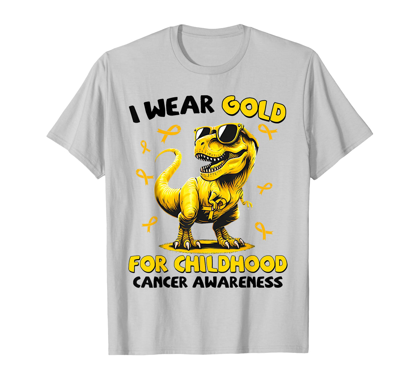 I Wear Gold for Childhood Cancer Awareness Dinosaur T-rex T-Shirt