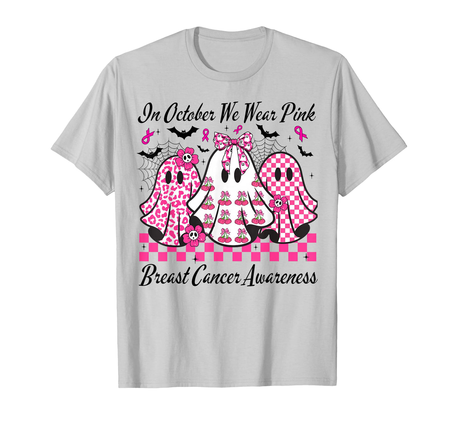 in October We Wear Pink Breast Cancer Awareness Cute Ghost T-Shirt