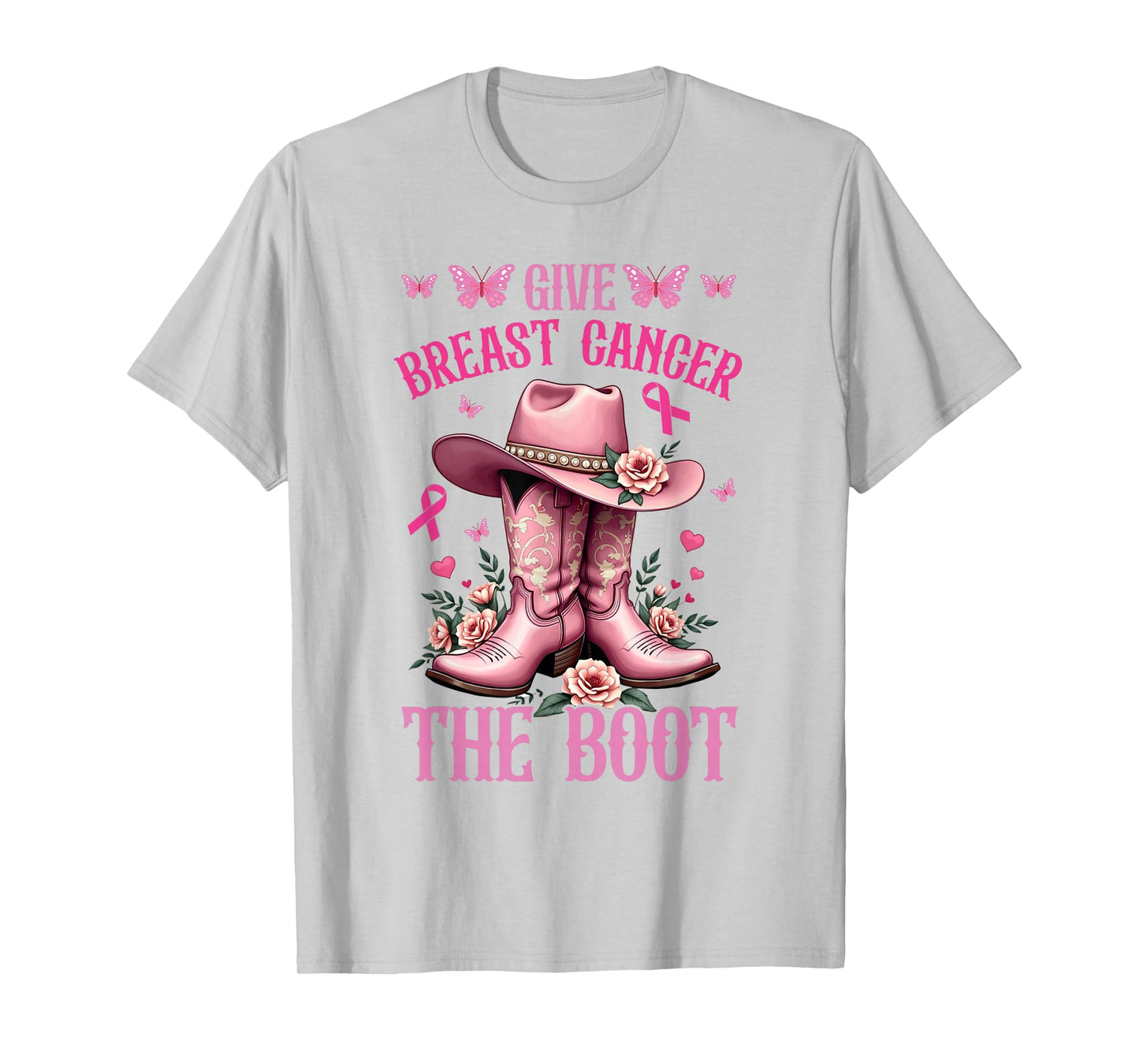 Give Breast Cancer The Boot Cowgirl Cancer Awareness Ribbon T-Shirt