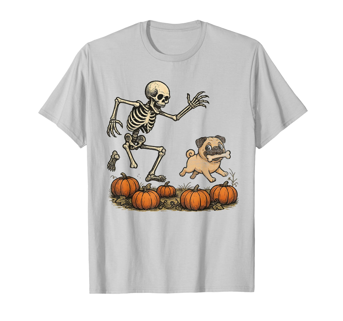 Funny Skeleton Chasing Pug Halloween Dog Mom Pet Lover T-Shirt