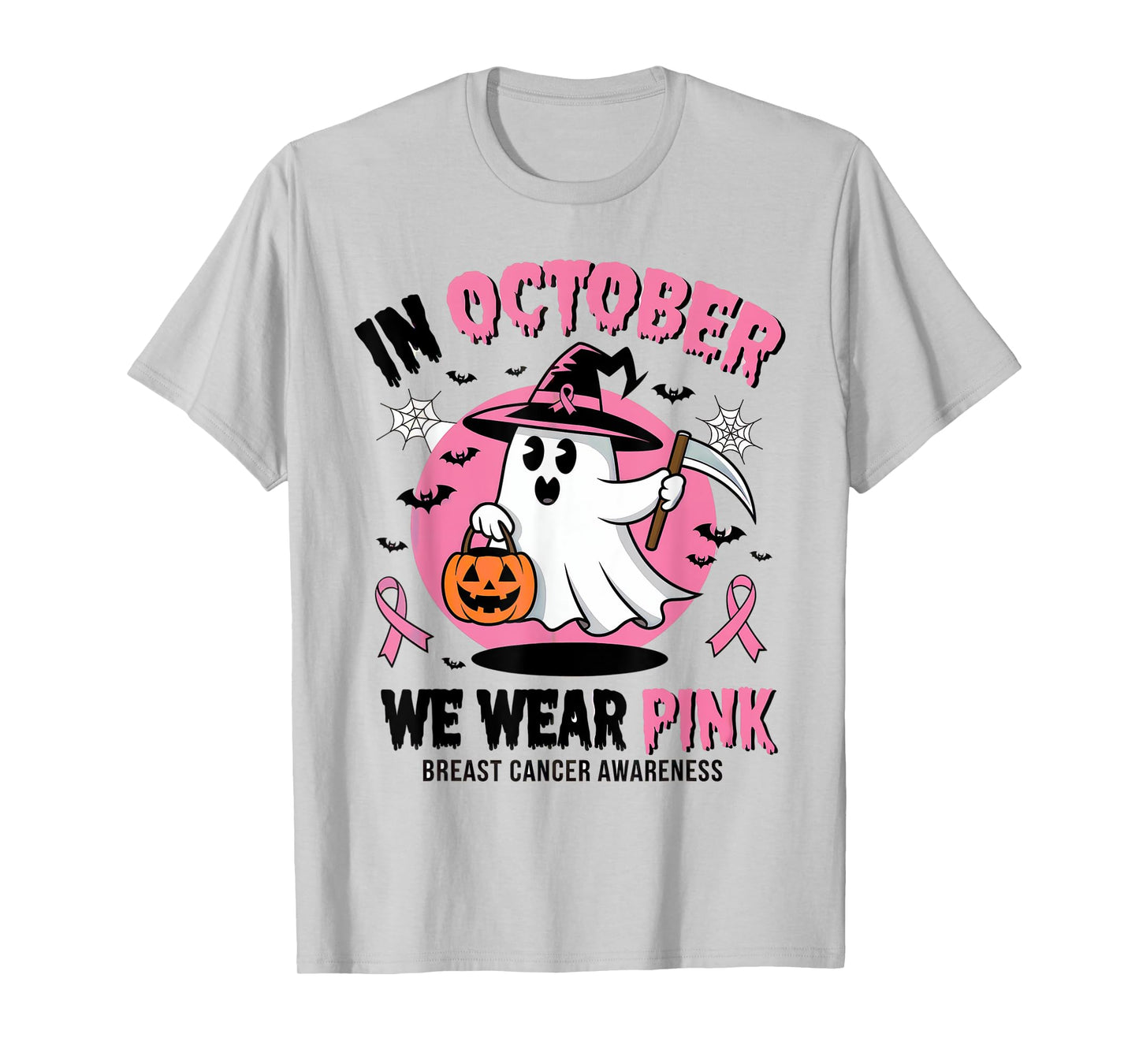 In October We Wear Pink Ghost Witch Breast Cancer Awareness T-Shirt