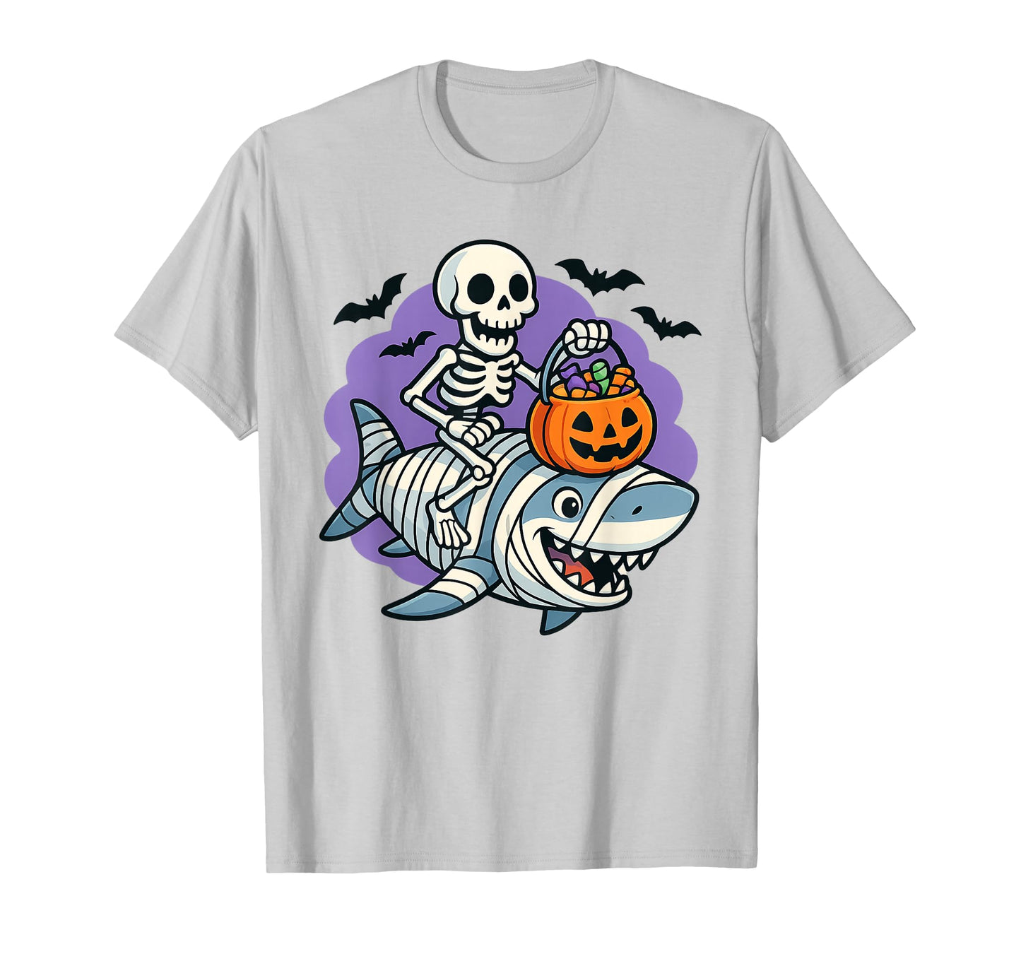 Skeleton Riding Mummy Shark Funny Halloween Pumpkin Kids T-Shirt