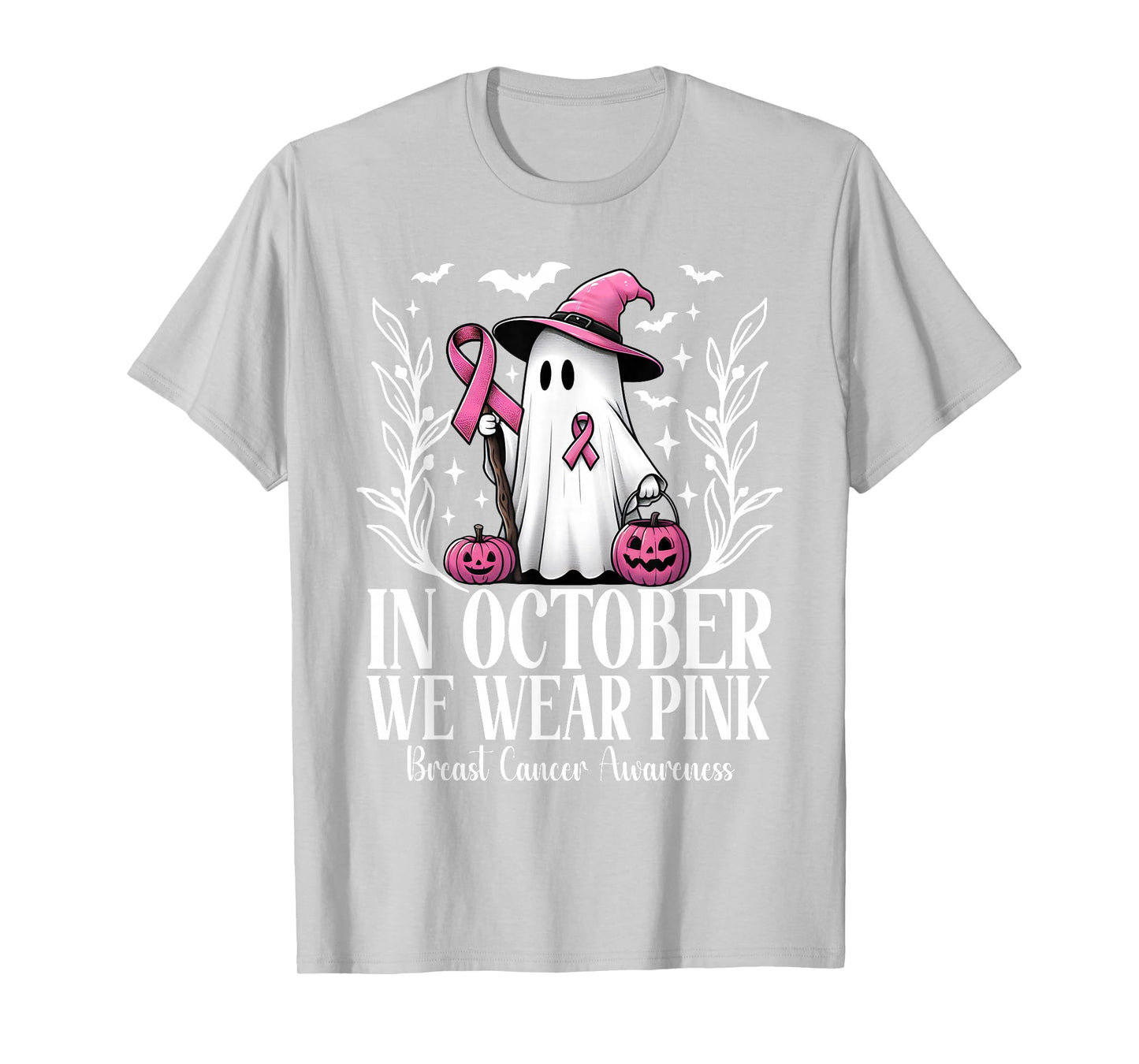 In October We Wear Pink Breast Cancer Ghost Witch Halloween T-Shirt
