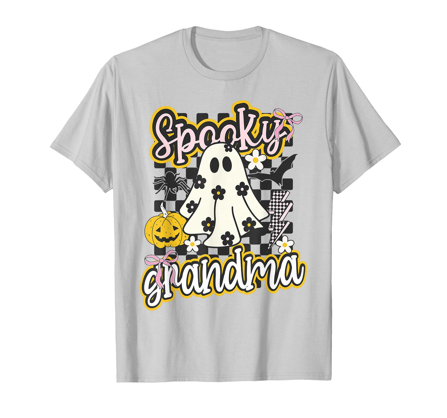 Spooky Grandma Groovy Preppy Halloween Ghost Checkered T-Shirt