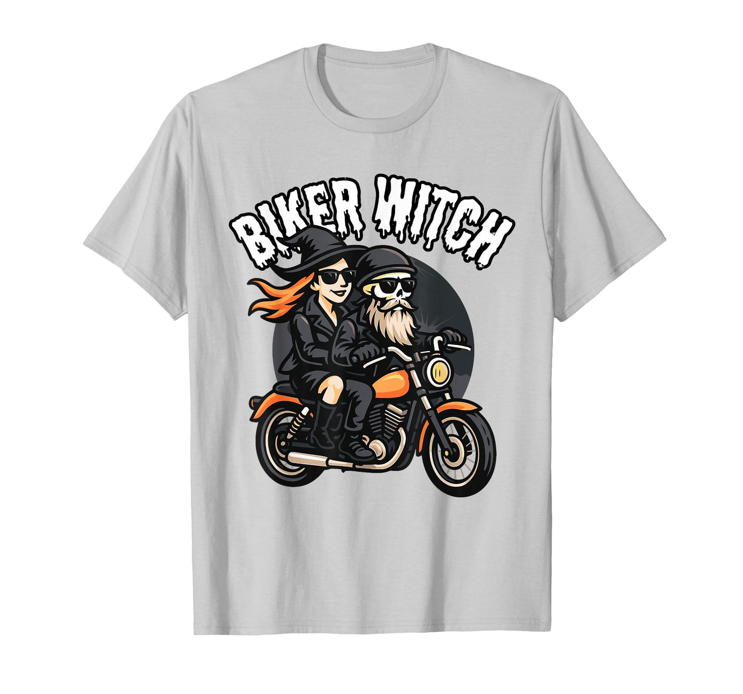 Halloween Funny Biker Witch & Skeleton Riding a Motorcycle T-Shirt