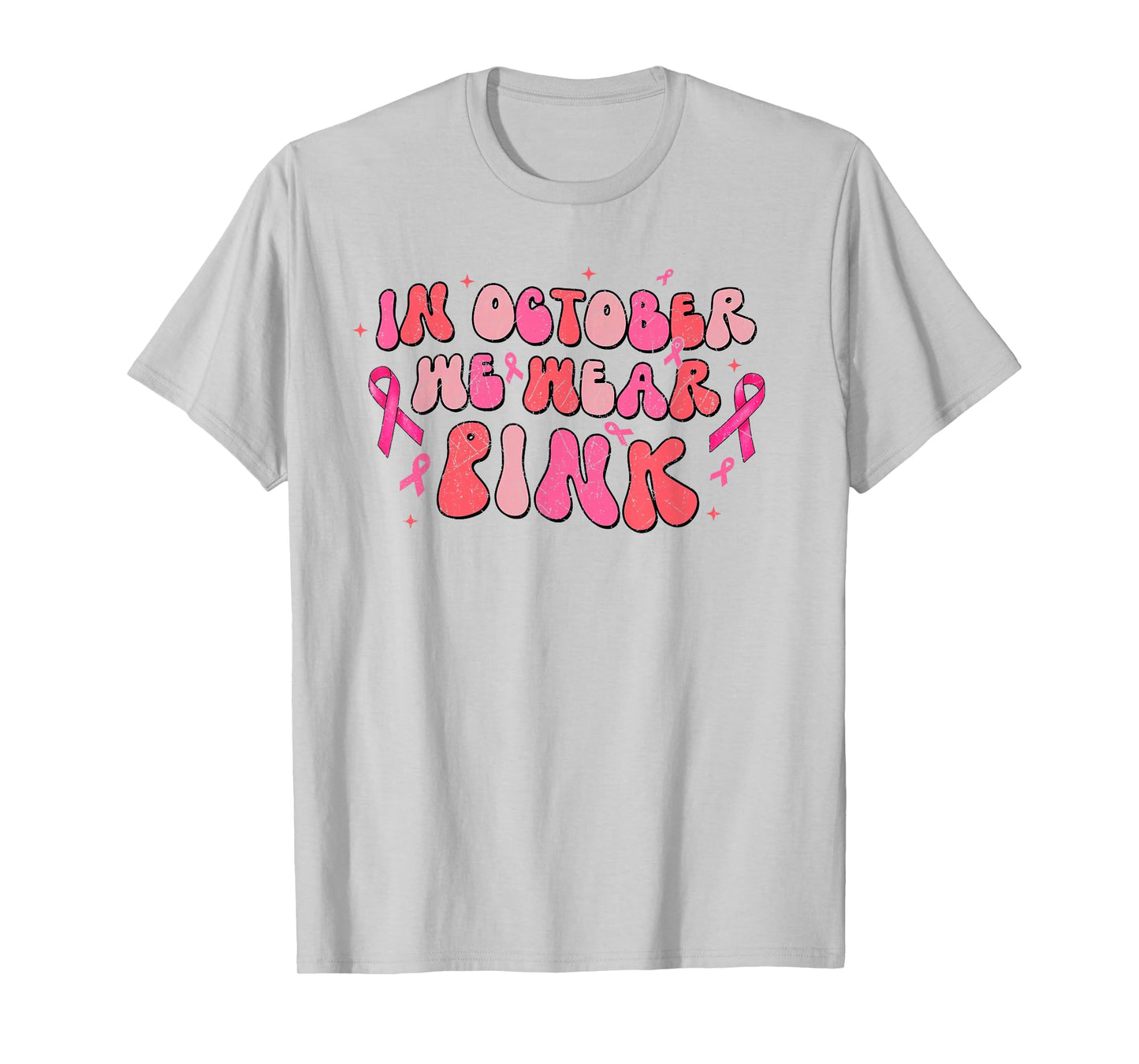 In October We Wear Pink Breast Cancer Awareness Retro Groovy T-Shirt