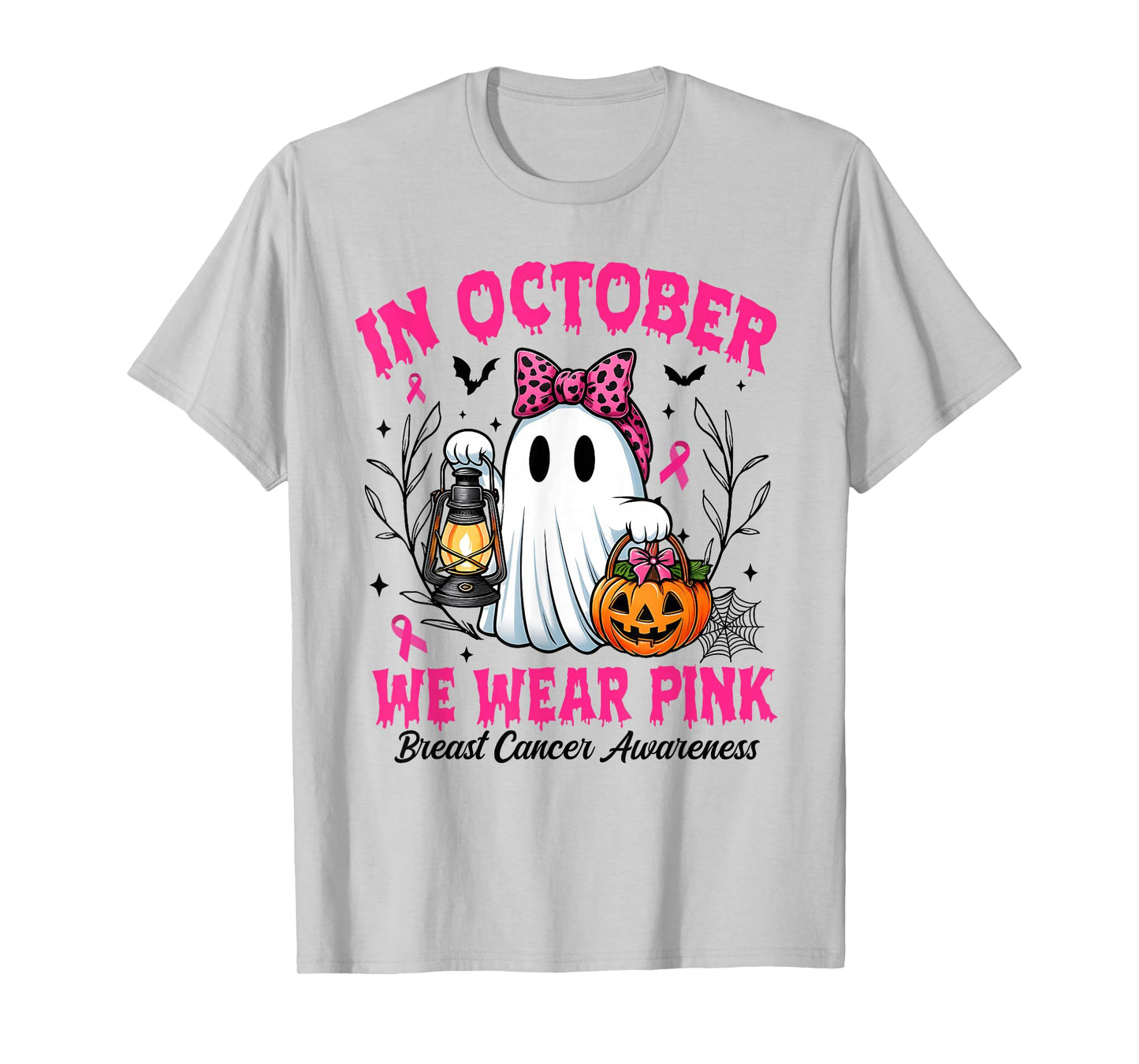 in October We Wear Pink Ghost Witch Breast Cancer Awareness T-Shirt