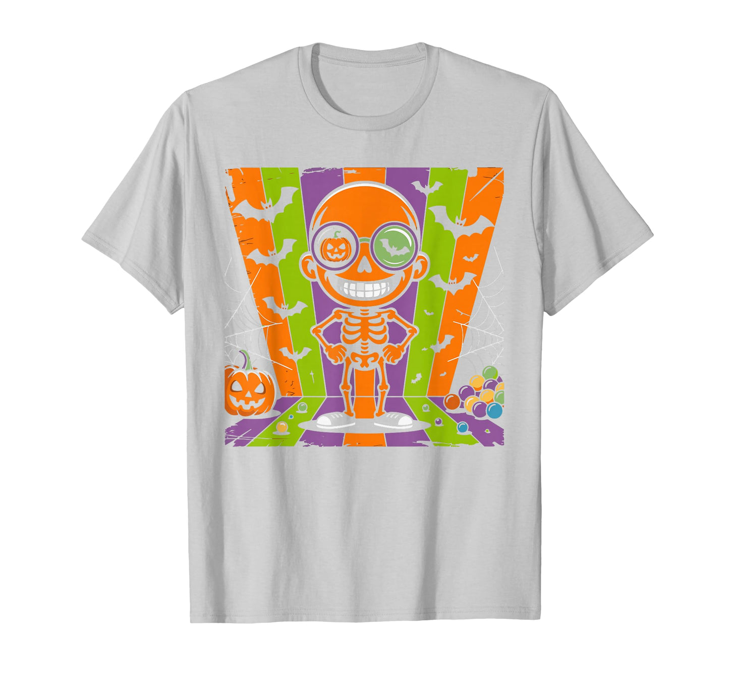 Funny Retro Skeleton with Candy Pumpkin Glasses Halloween T-Shirt