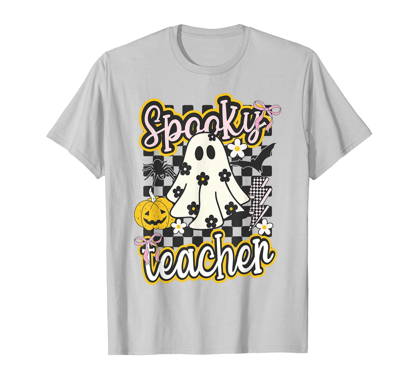 Spooky Teacher Groovy Preppy Halloween Ghost Checkered T-Shirt