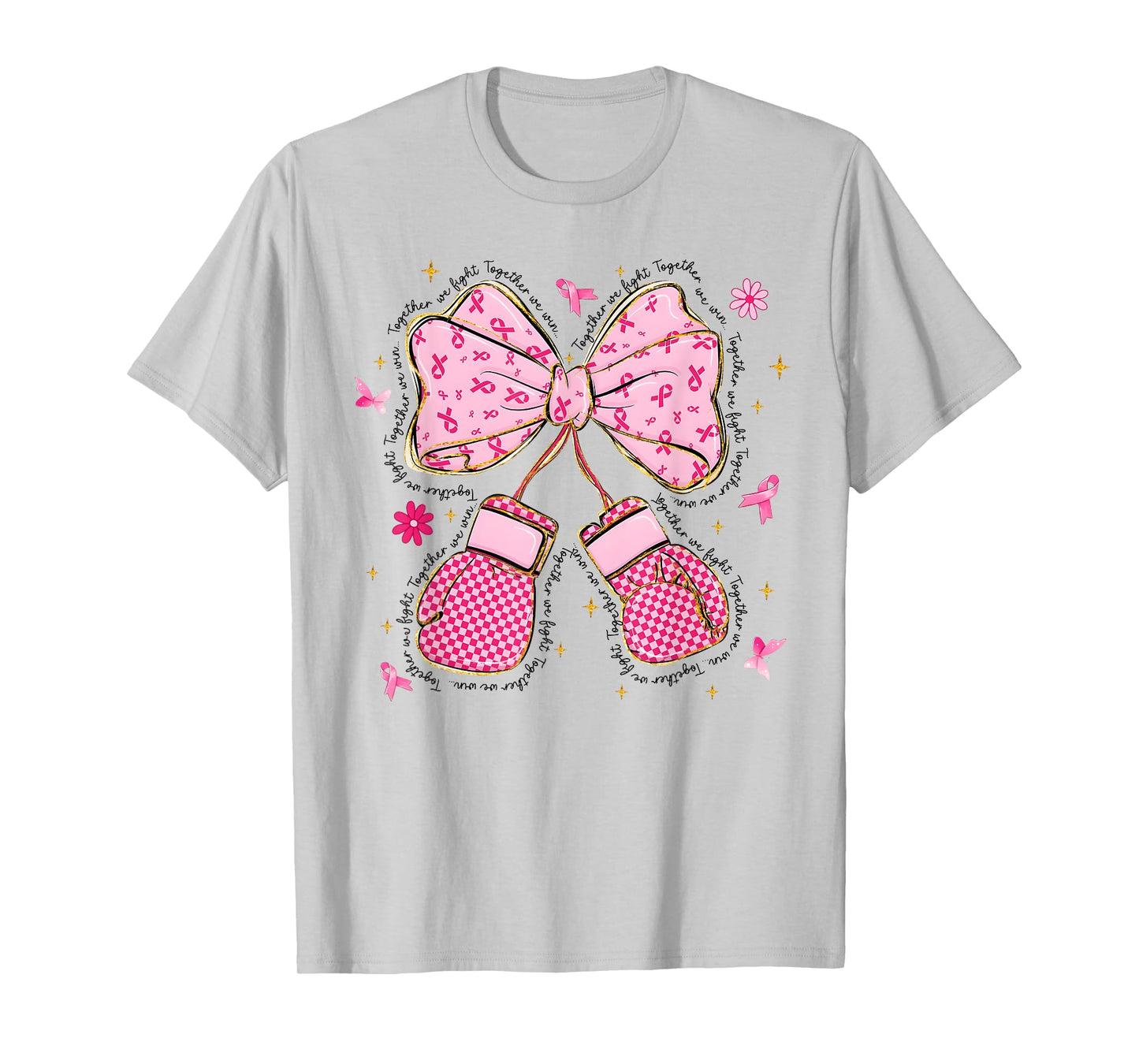 Pink Ribbon Boxing Gloves Together We Fight Breast Cancer T-Shirt