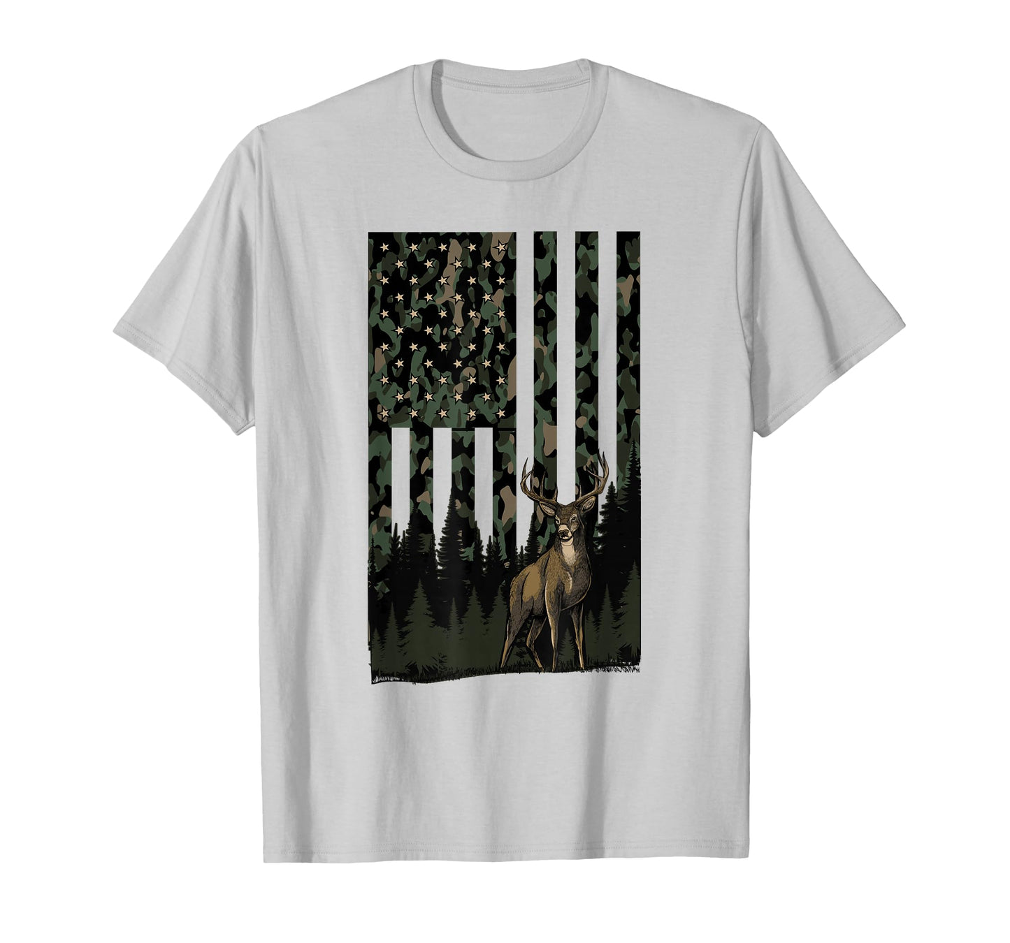 Camo Deer American Flag Patriotic Hunting Graphic USA Flag T-Shirt