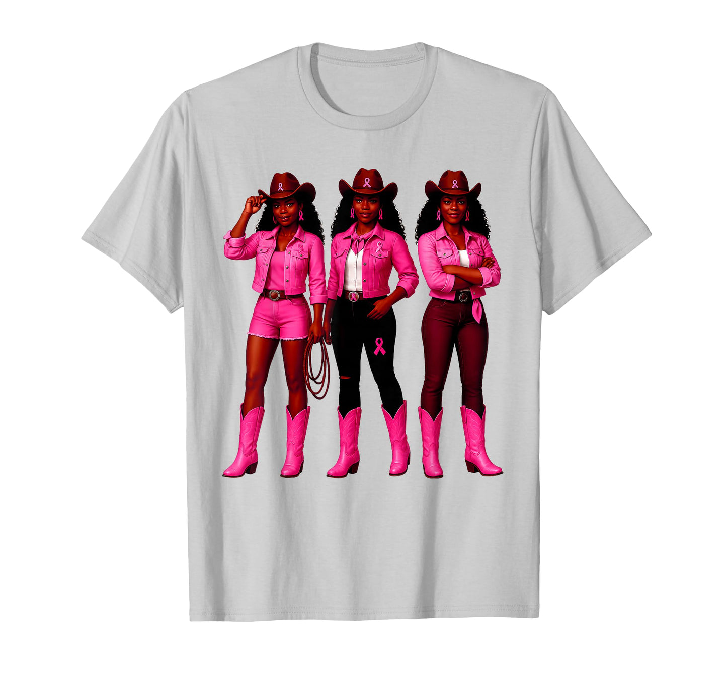 Western Cowgirls Pink Ribbon Breast Cancer Black Women Girls T-Shirt
