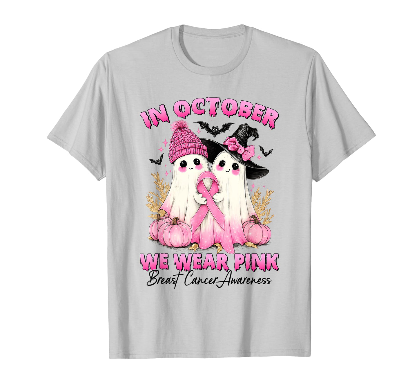 in October We Wear Pink Ghost Witch Breast Cancer Awareness T-Shirt