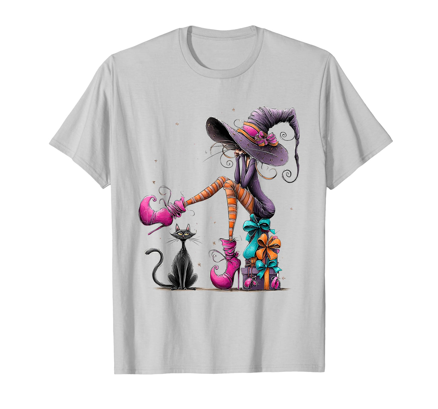 Spooky Witch High Heels with Black Cat Halloween Pumpkin T-Shirt