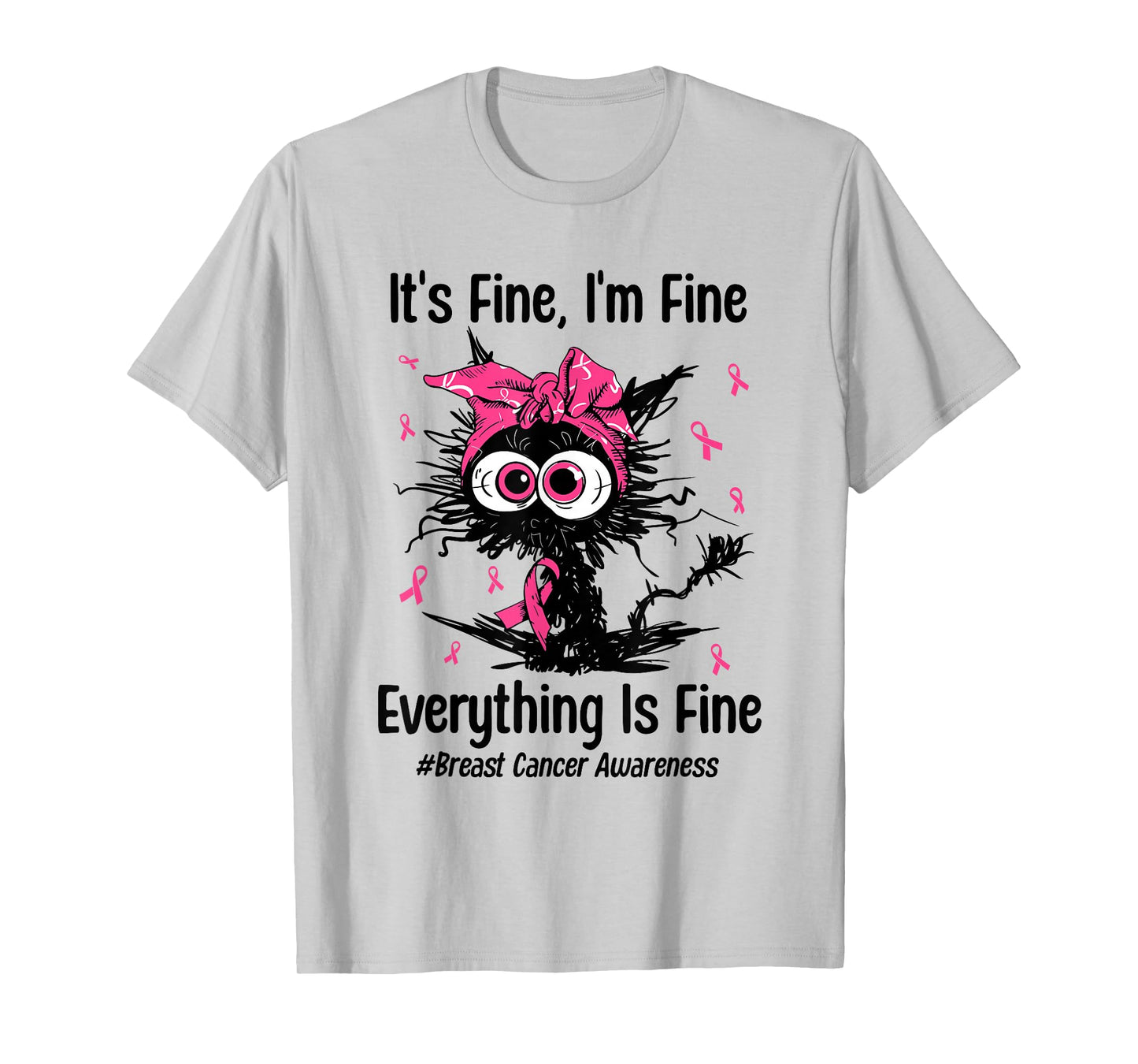 Motivational Cat Kitty Breast Cancer Awareness Pink Ribbon T-Shirt