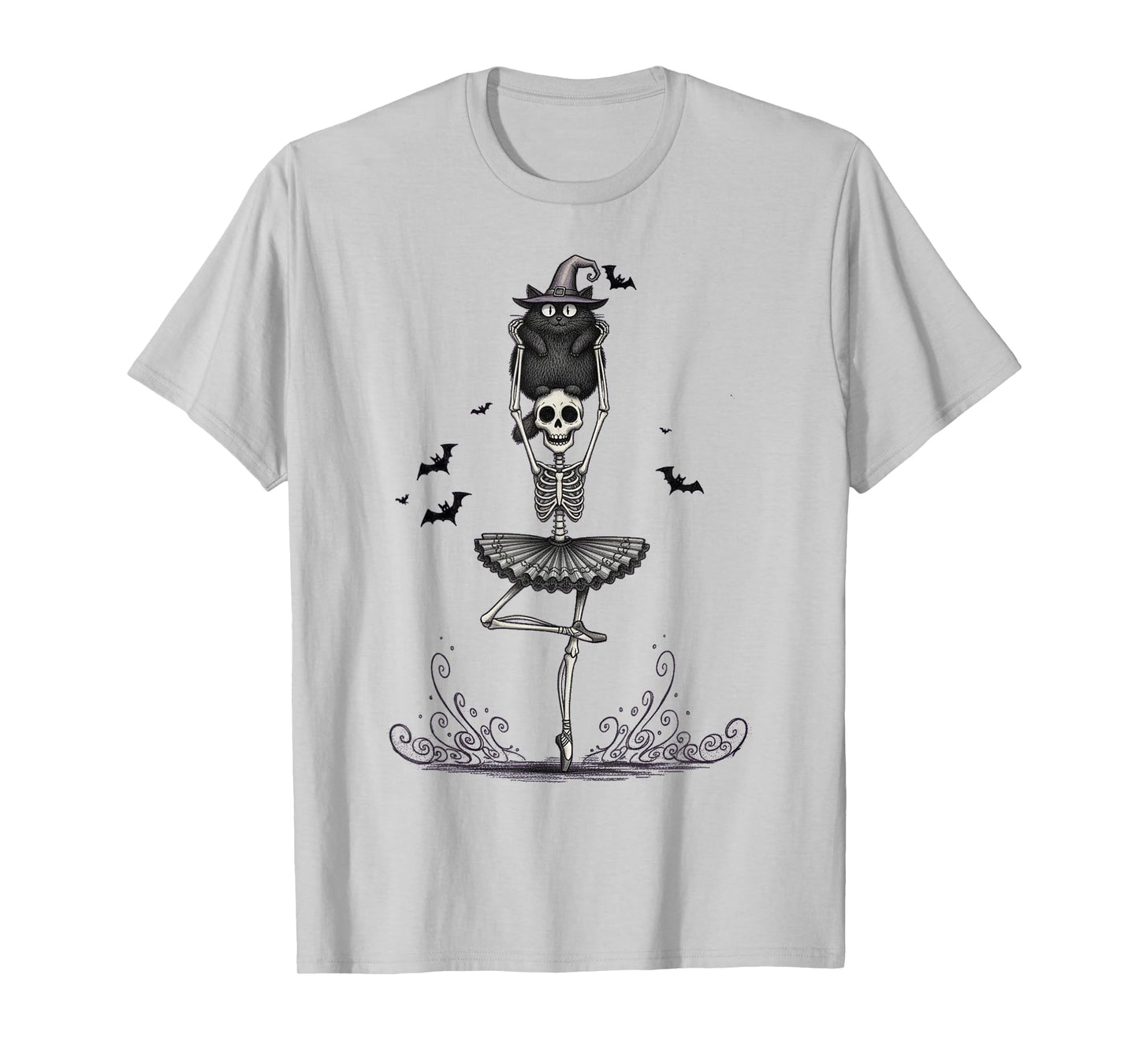 Skeleton Ballerina with Black Cat Halloween Design Fun T-Shirt