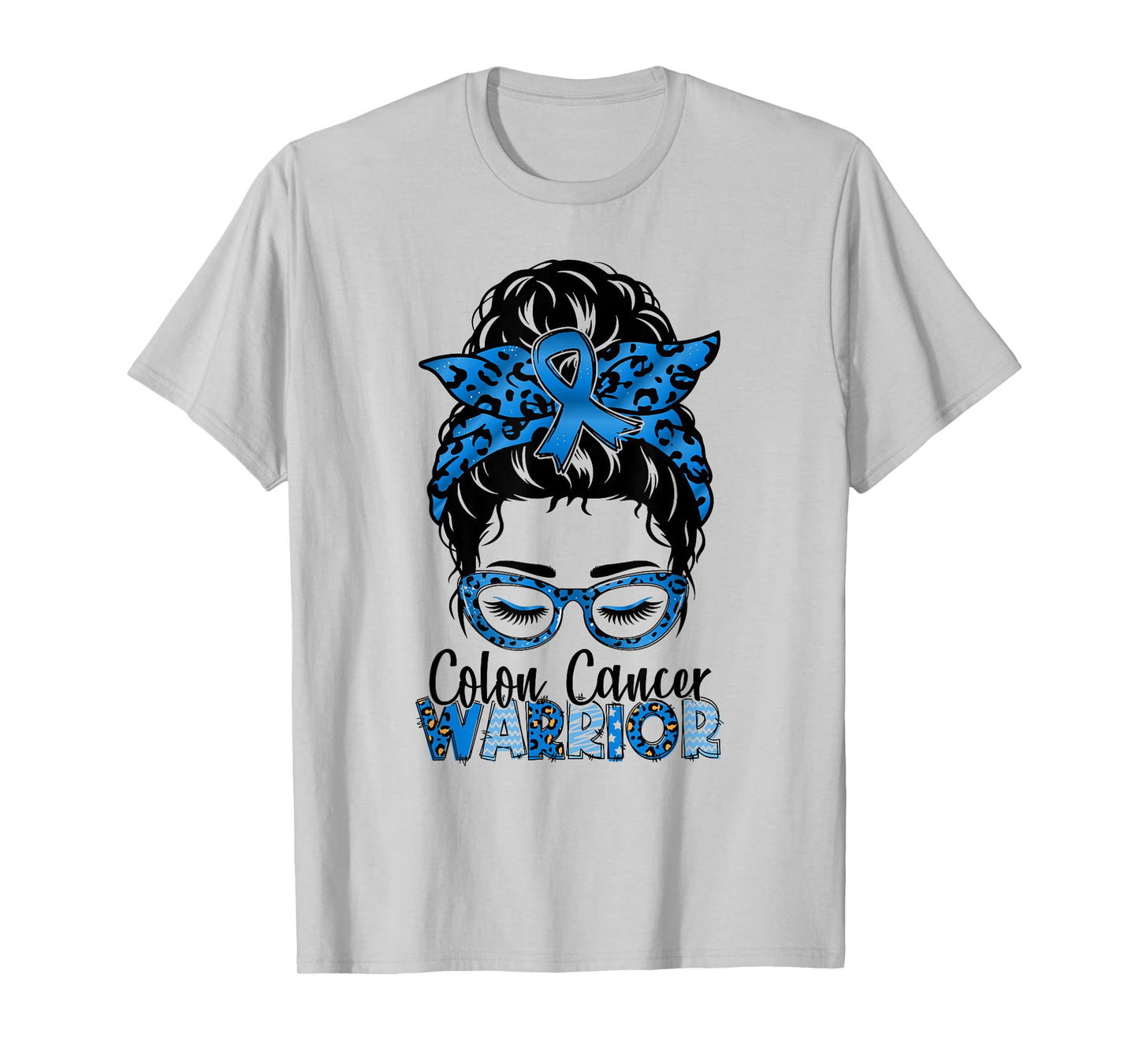 Worrior Messy bun Blue Colon Cancer Awareness Bleached T-Shirt