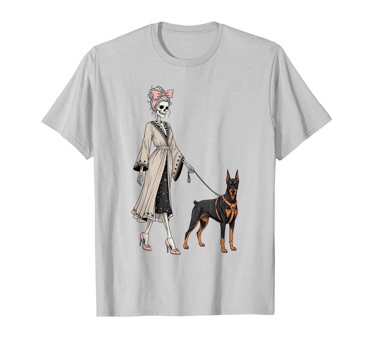Skeleton Doberman Pinscher Dog Walking Halloween Women T-Shirt