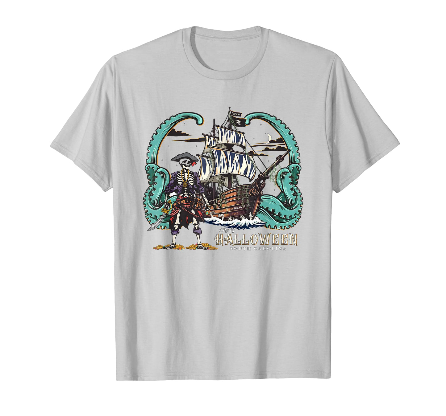 Pirate Ship Skeleton Halloween T-Shirt