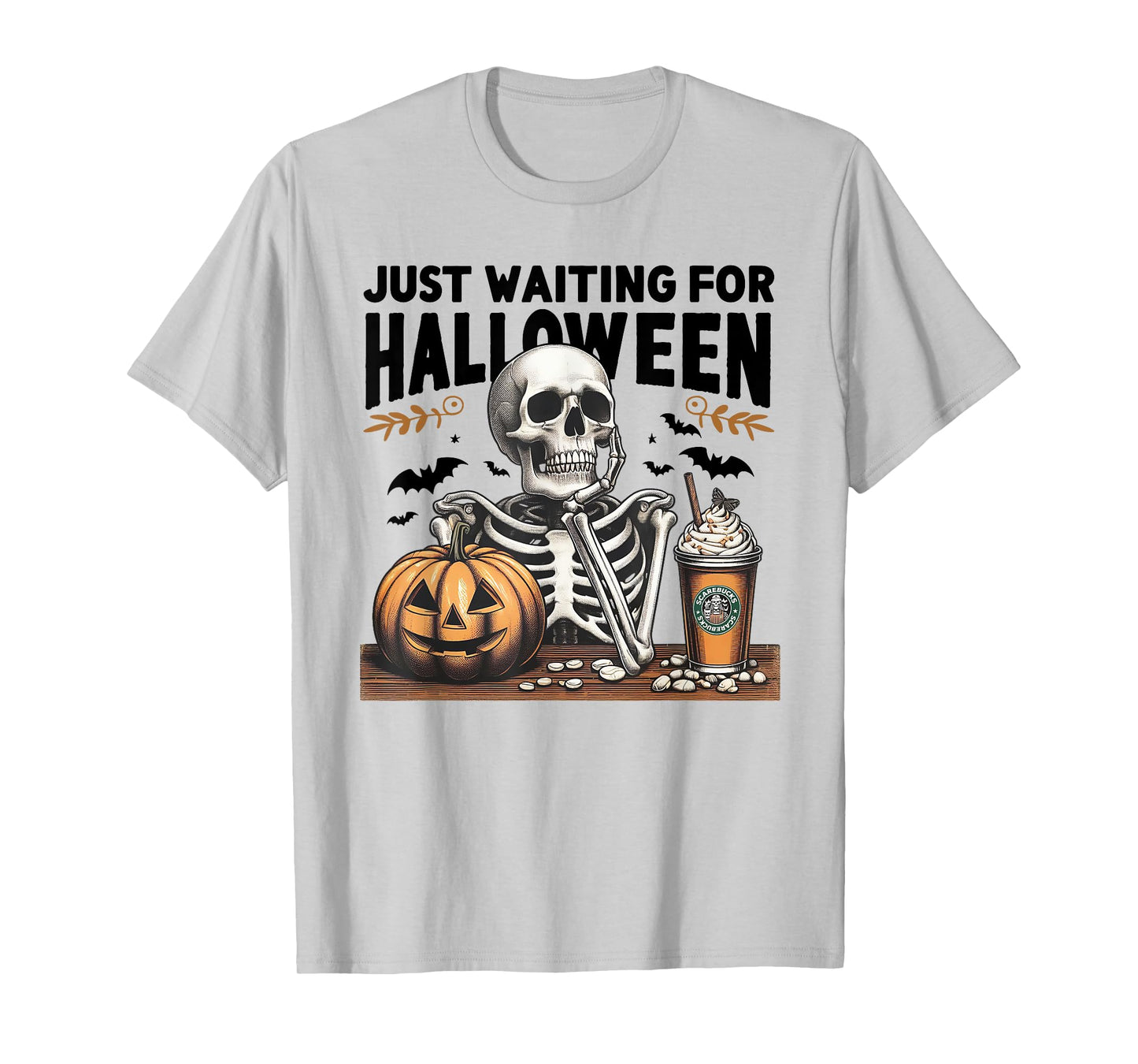 Just Waiting For Halloween Skeleton Ice Coffee Pumpkin T-Shirt