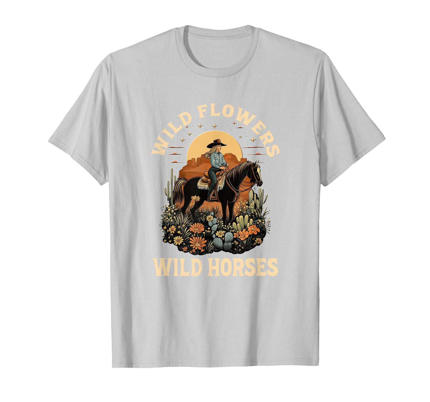 western sunset cowgirl riding horse wild flowers wild horses T-Shirt