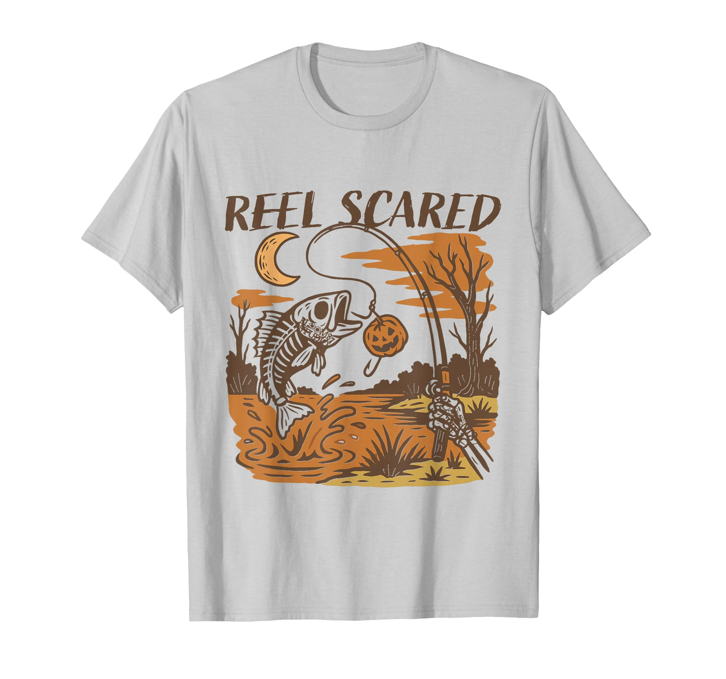 Reel Scared Halloween Fishing Skeleton Fisherman Spooky Fall T-Shirt