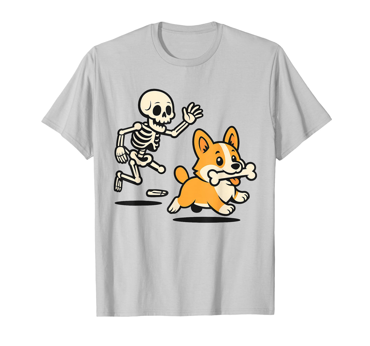 Funny Skeleton Chasing Corgi, Halloween Spooky Season Tees T-Shirt