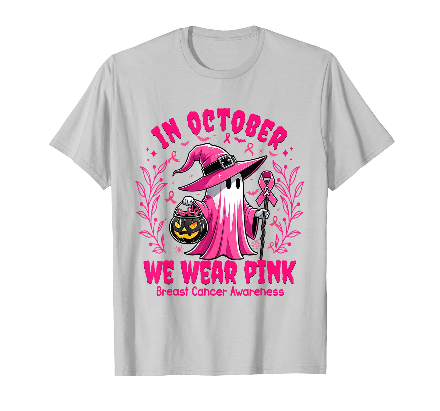 in October We Wear Pink Shirt Ghost Breast Cancer Halloween T-Shirt