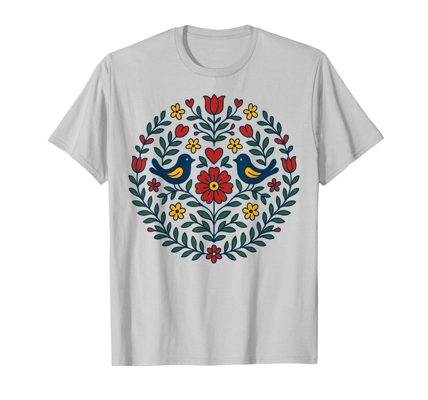 Folk Art Birds Heart Flowers Mandala Polish Style T-Shirt