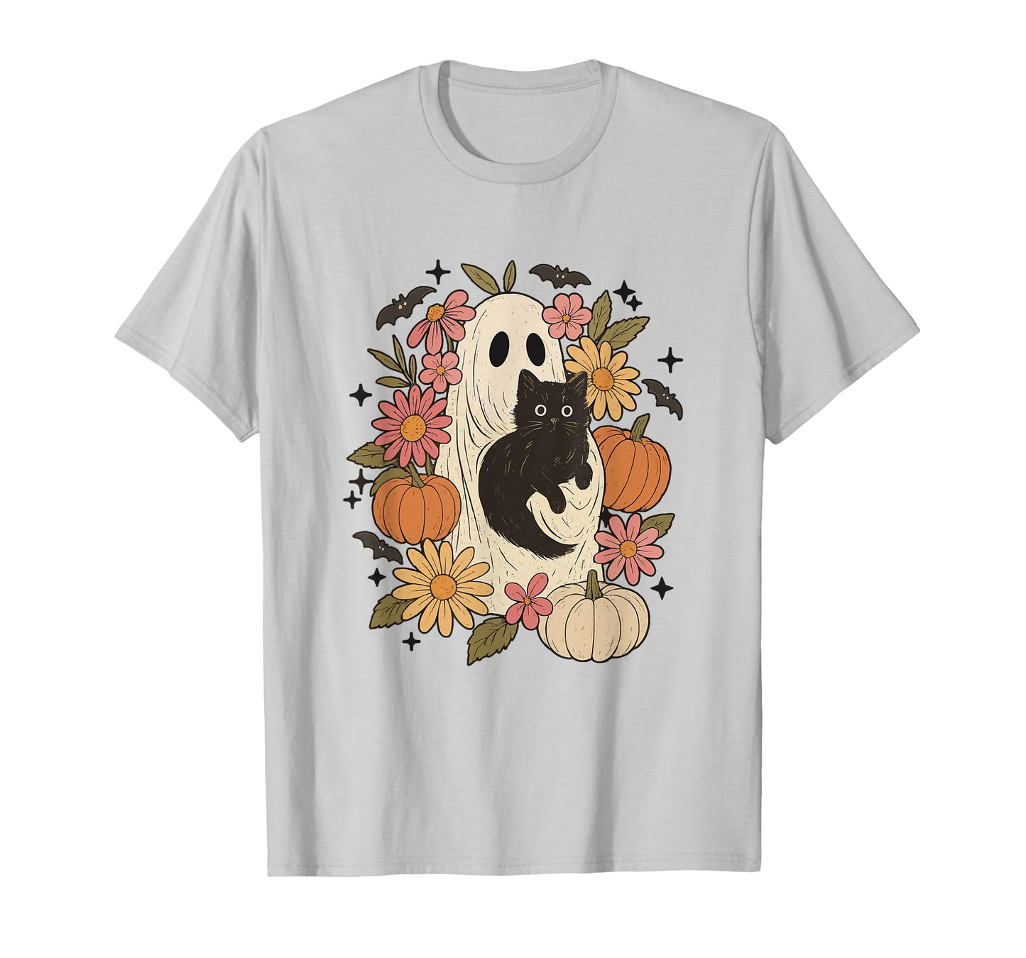 Spooky Vibes Floral Black Cat Ghost Halloween Pumpkin Spooky T-Shirt