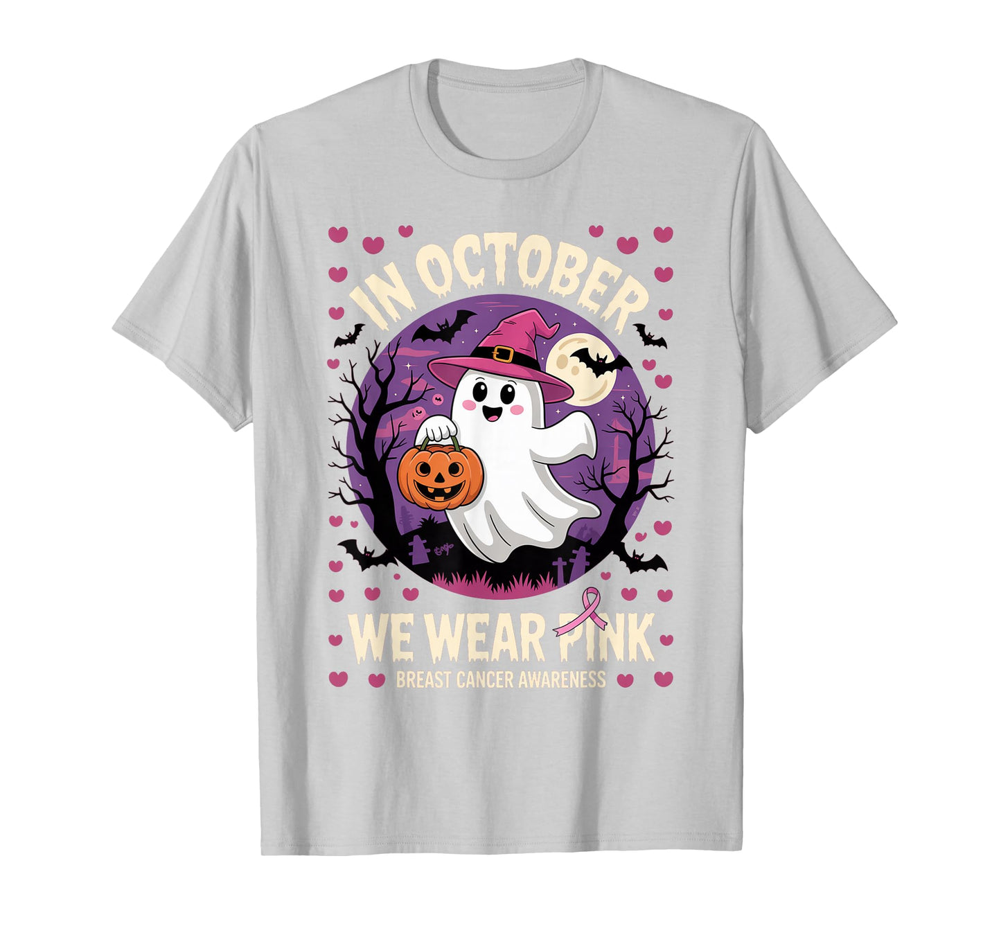 in October We Wear Pink Ghost Halloween Awareness Women T-Shirt