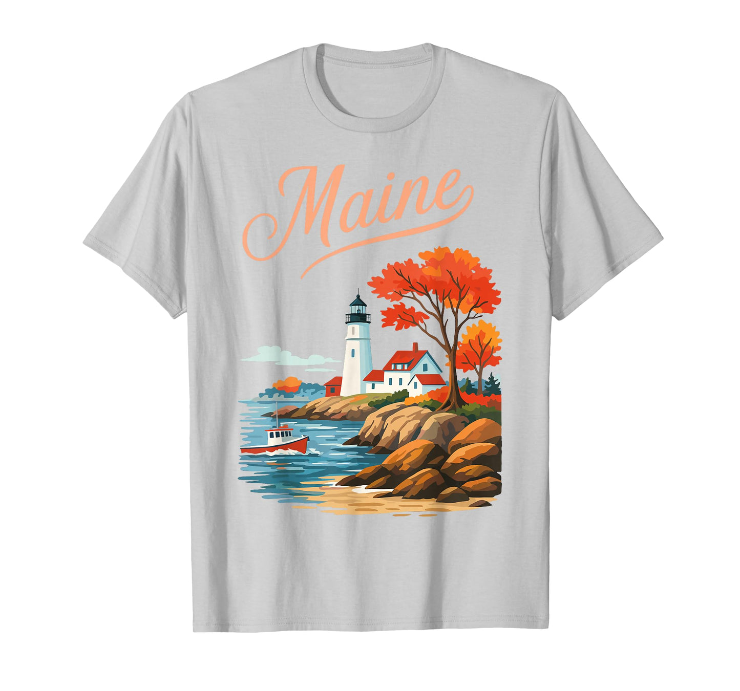 Maine Lighthouse Coastal Sunset Nature Retro T-Shirt