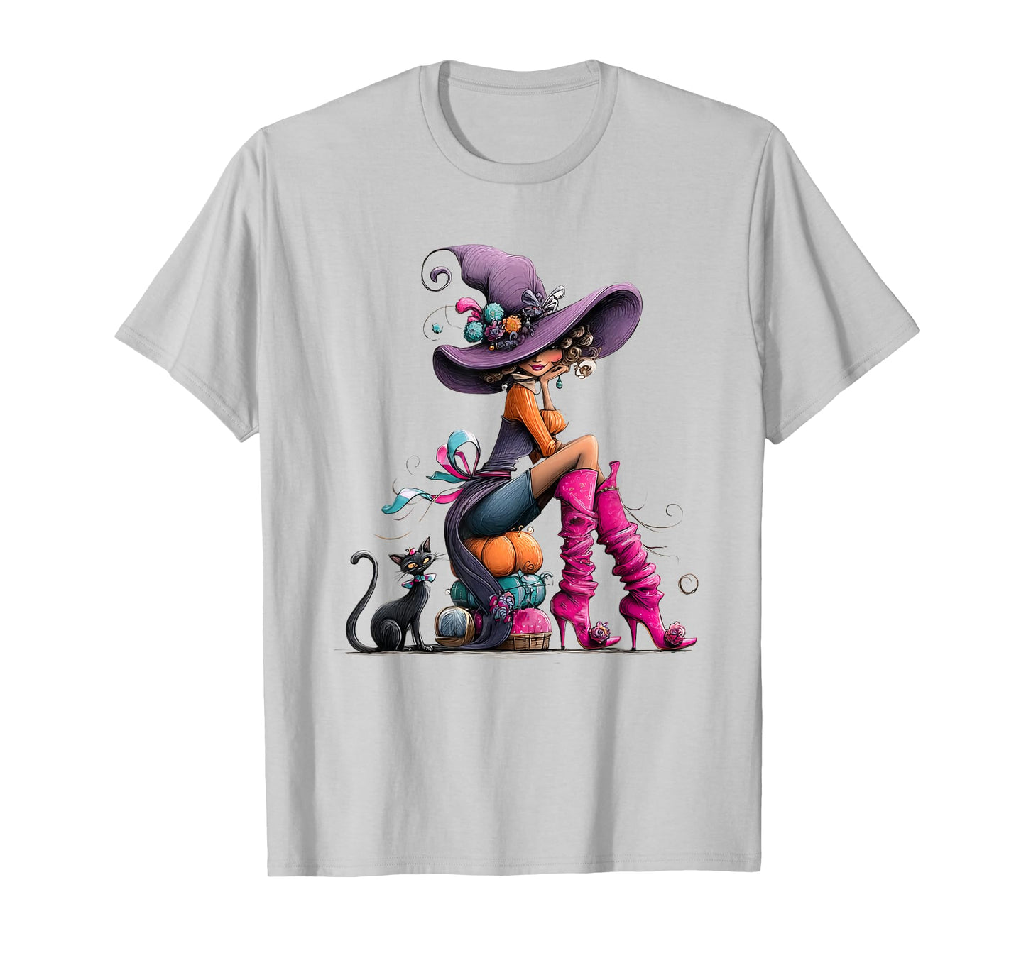 Spooky Witch High Heels with Black Cat Halloween Pumpkin T-Shirt