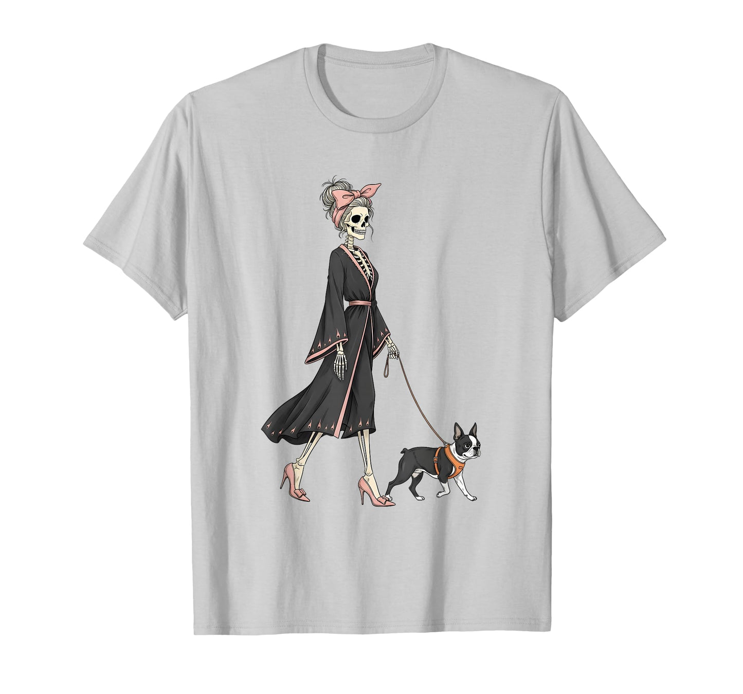 Skeleton Boston Terrier Dog Walking Halloween Women T-Shirt