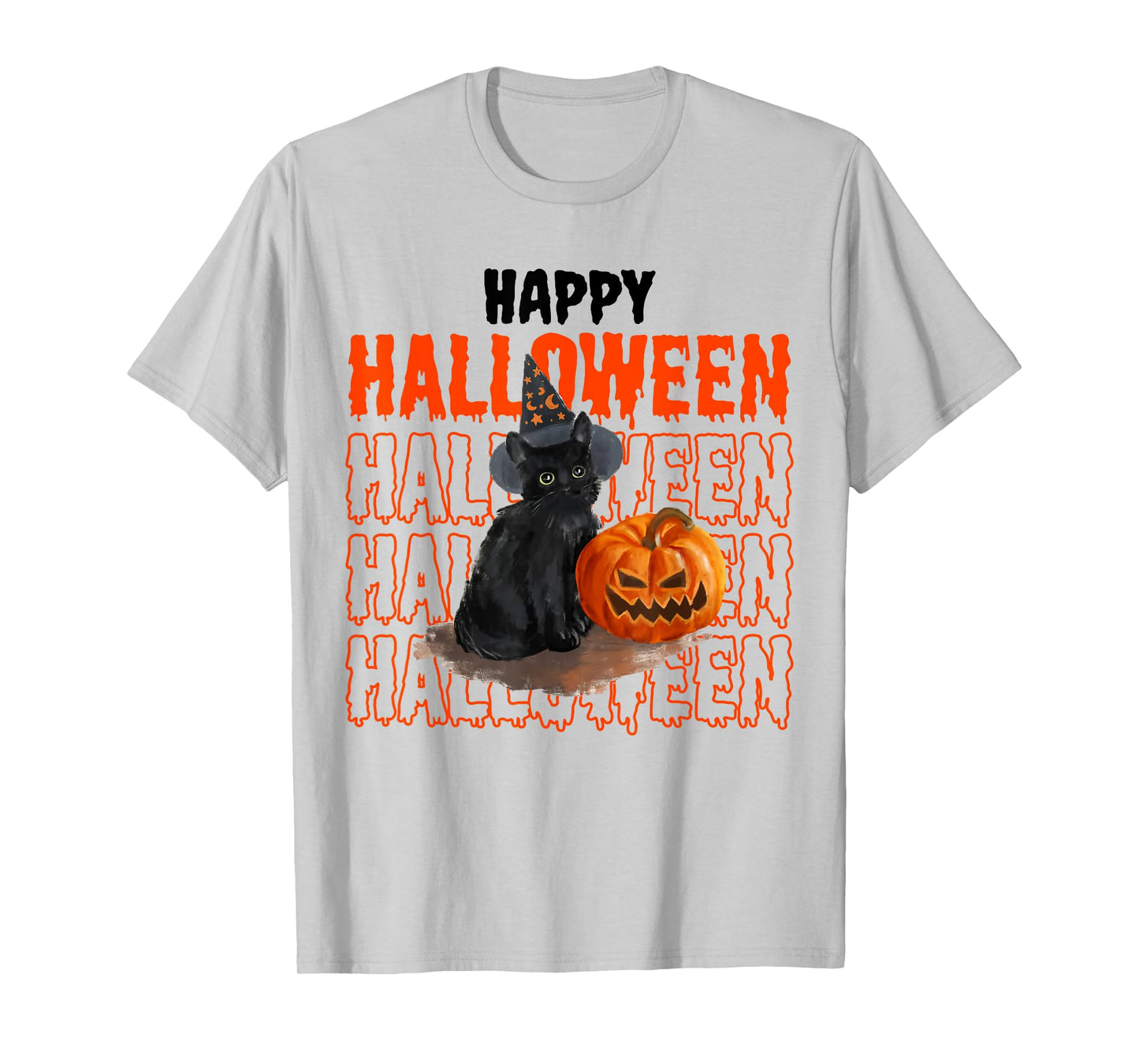 Happy Halloween Cute Black Cat with Pumpkin Witch Wishing T-Shirt