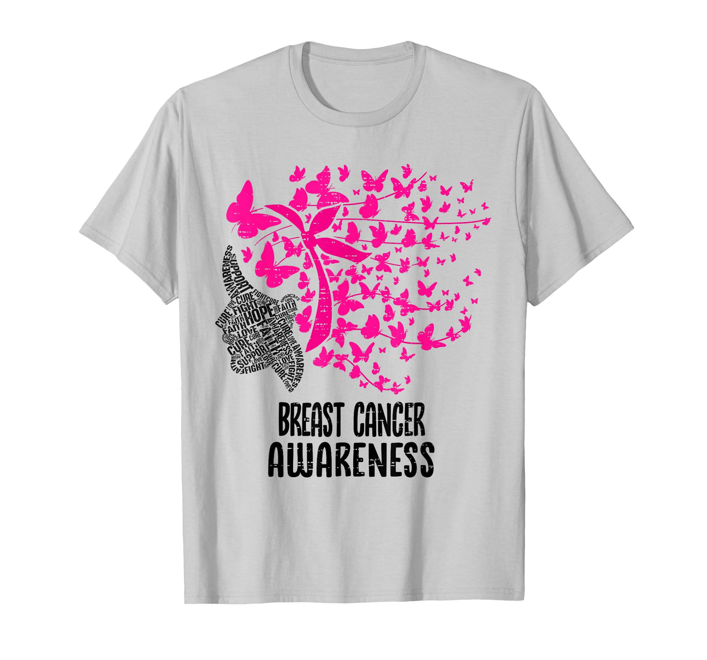 Breast Cancer Awareness Butterfly Hair Pink Ribbon Womens T-Shirt