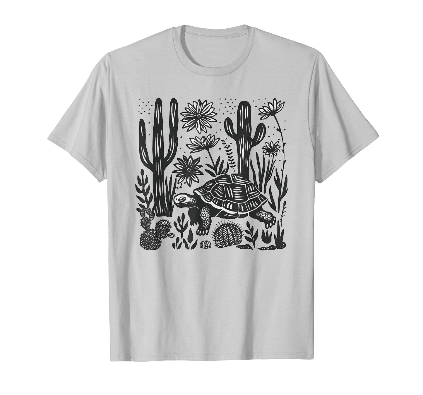 Mexican Linocut Print Mojave Desert Tortoise Cacti Landscape T-Shirt