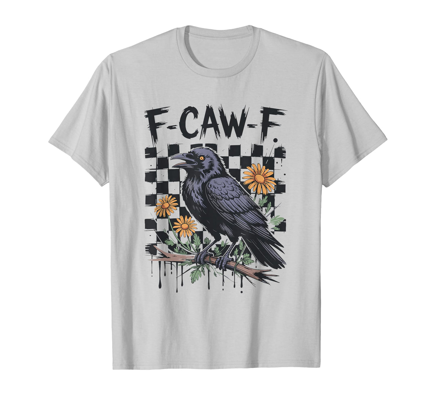 Checkered Floral Crow Raven F-CAW-F Halloween Dark Bird T-Shirt