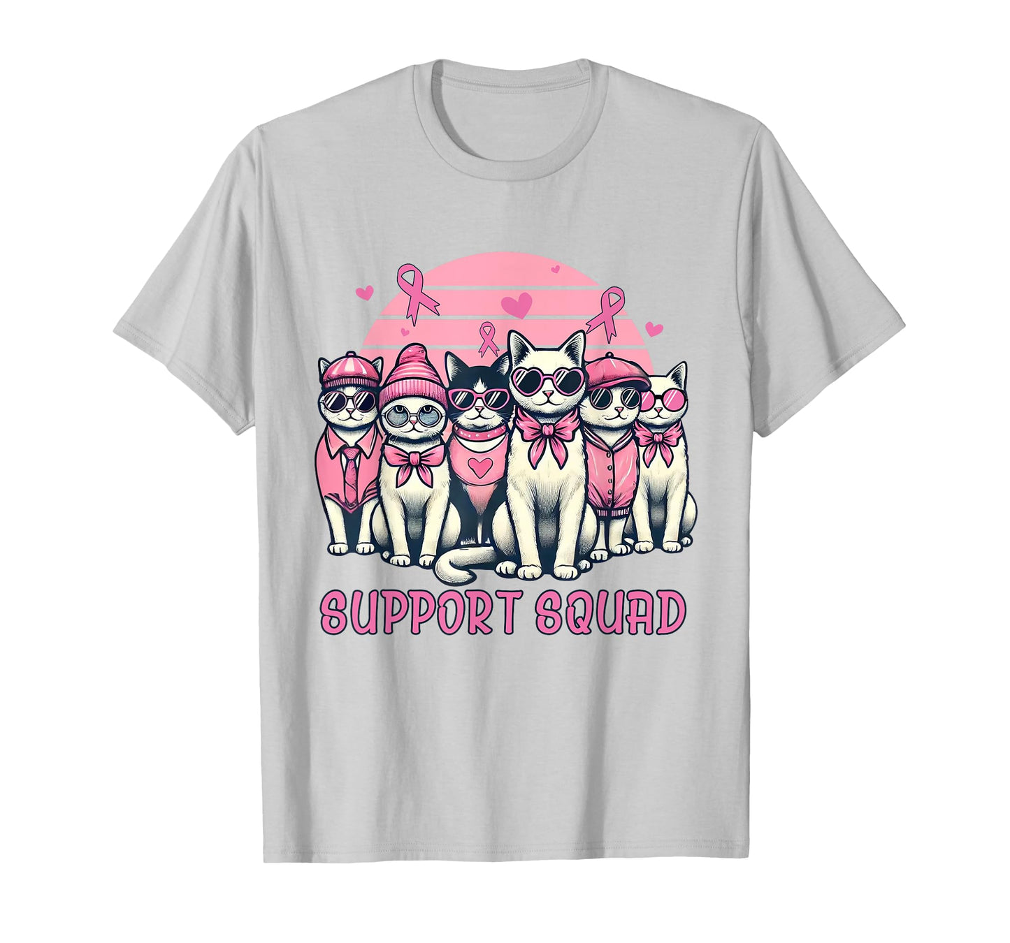 Support Squad Breast Cancer Women Cat Lover Pink Ribbon T-Shirt