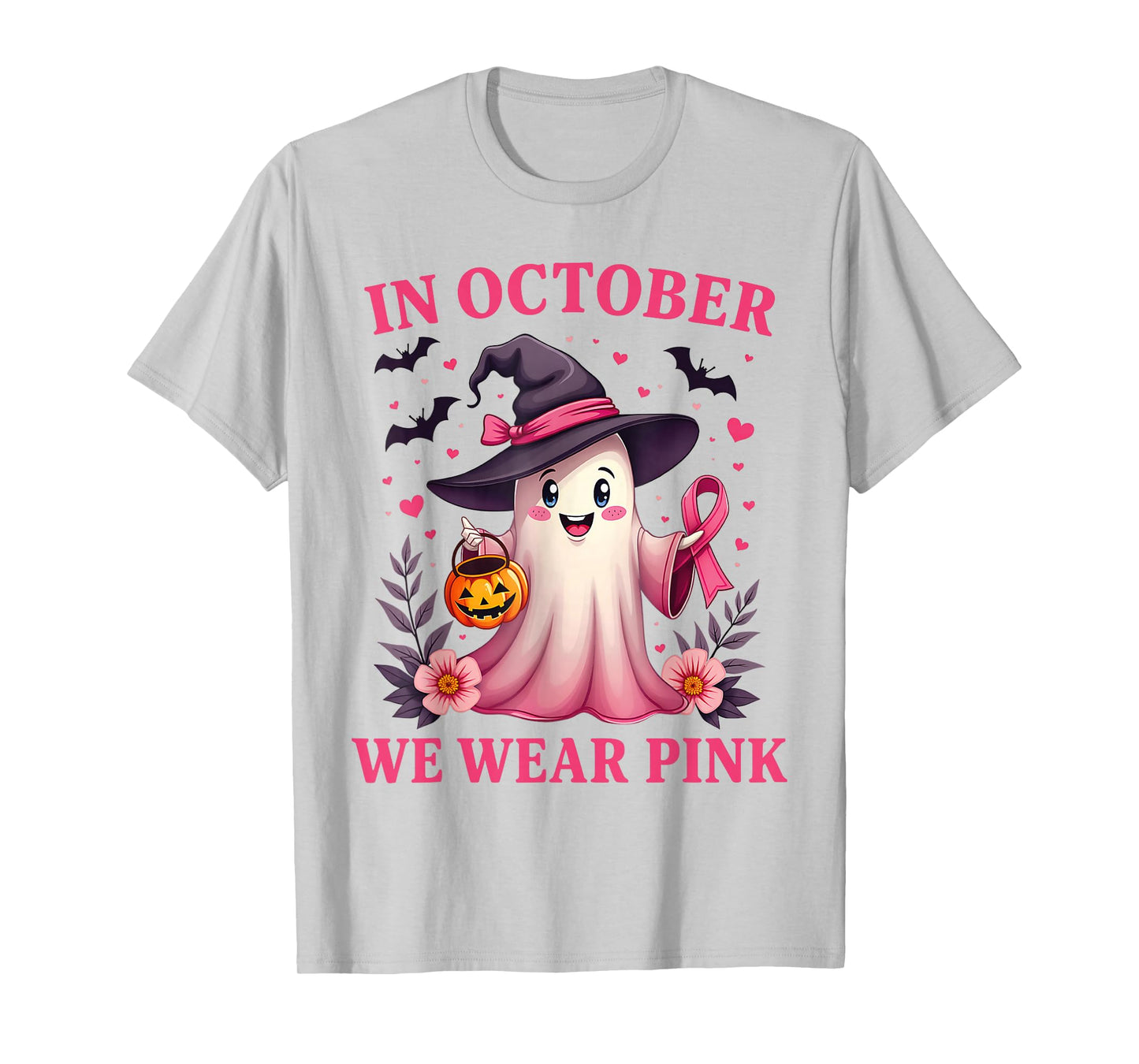 in October We Wear Pink Ghost Witch Breast Cancer Awareness T-Shirt