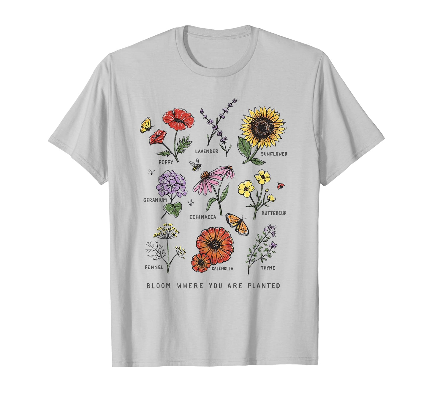 Garden Life Gift Tees Bloom Where You Are Planted Botanican Flowers Unisex Adult T-Shirt Blue Small Modern Classic Floral Short Sleeve