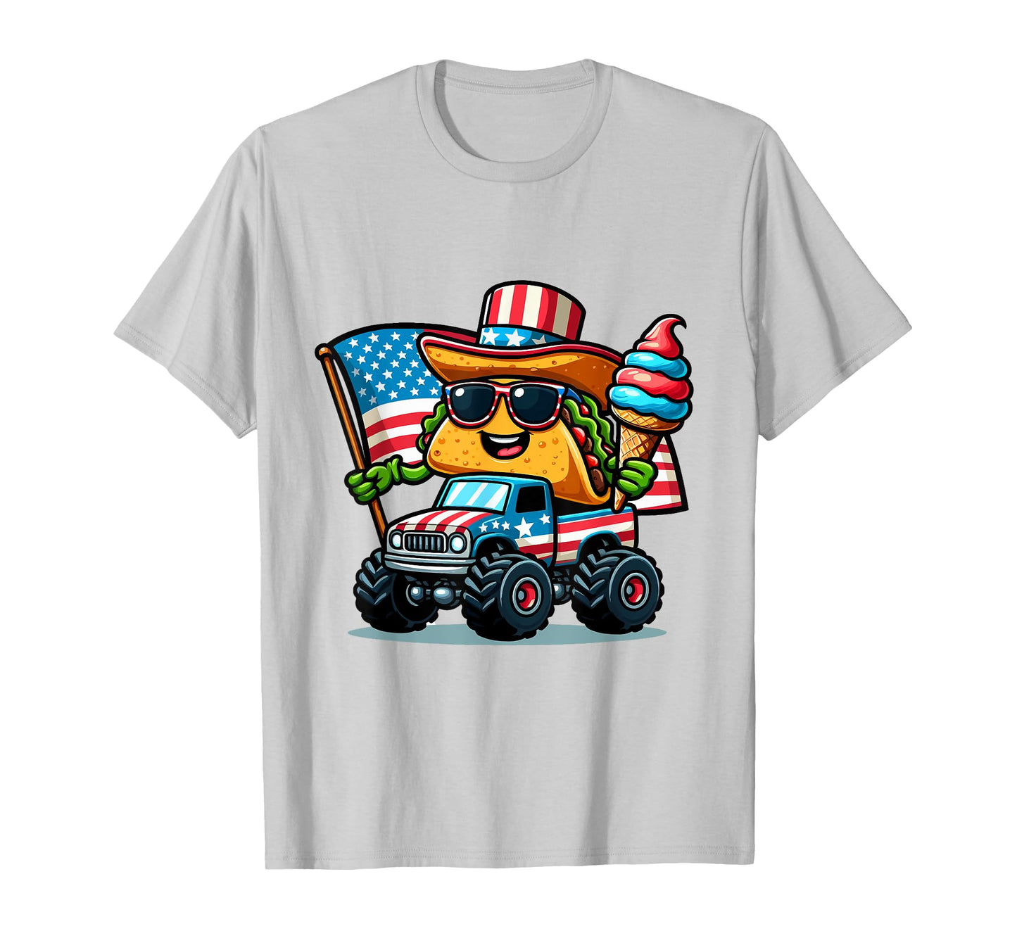 Funny Taco Riding Monster Truck holding ice cream 4 of July T-Shirt