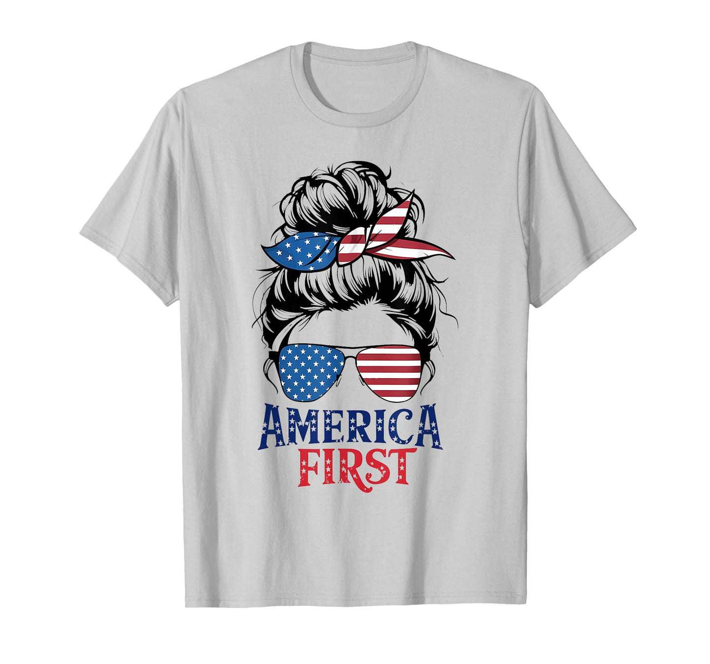 Messy Bunny Hair Girl America First Patriotic American USA T-Shirt