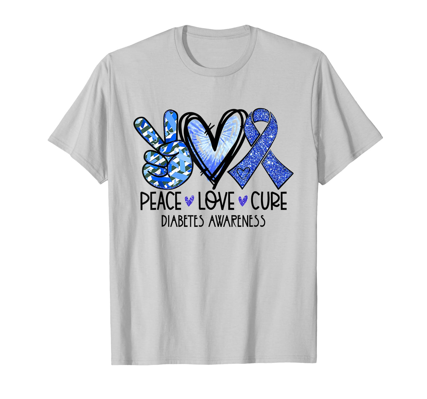 Peace Love Cure Type 1 Diabetes Awareness T1D Blue Ribbon T-Shirt