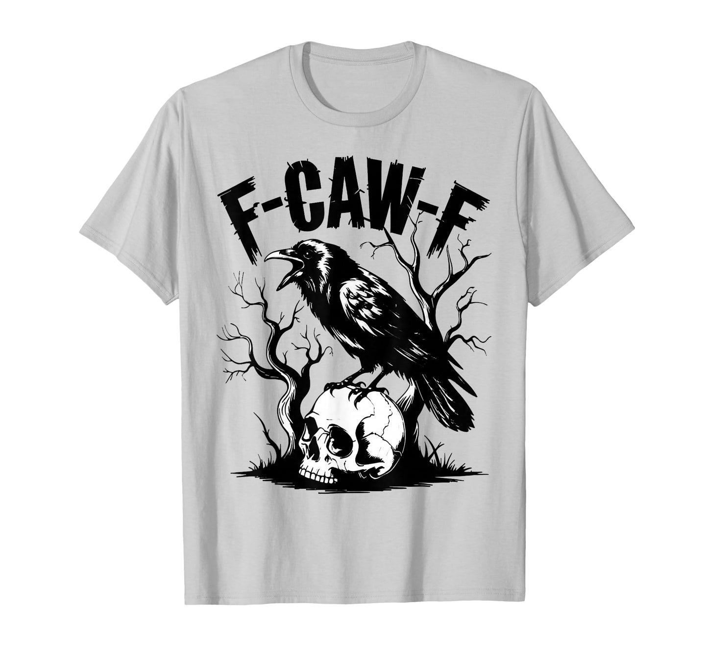 Dark Raven Perched on Skull with F-CAW-F Gothic Horror Art T-Shirt