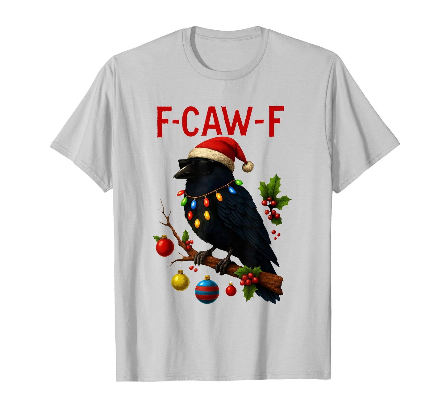 Black Crow F-Caw-F Funny Retro Christmas Lights Santa Hat T-Shirt