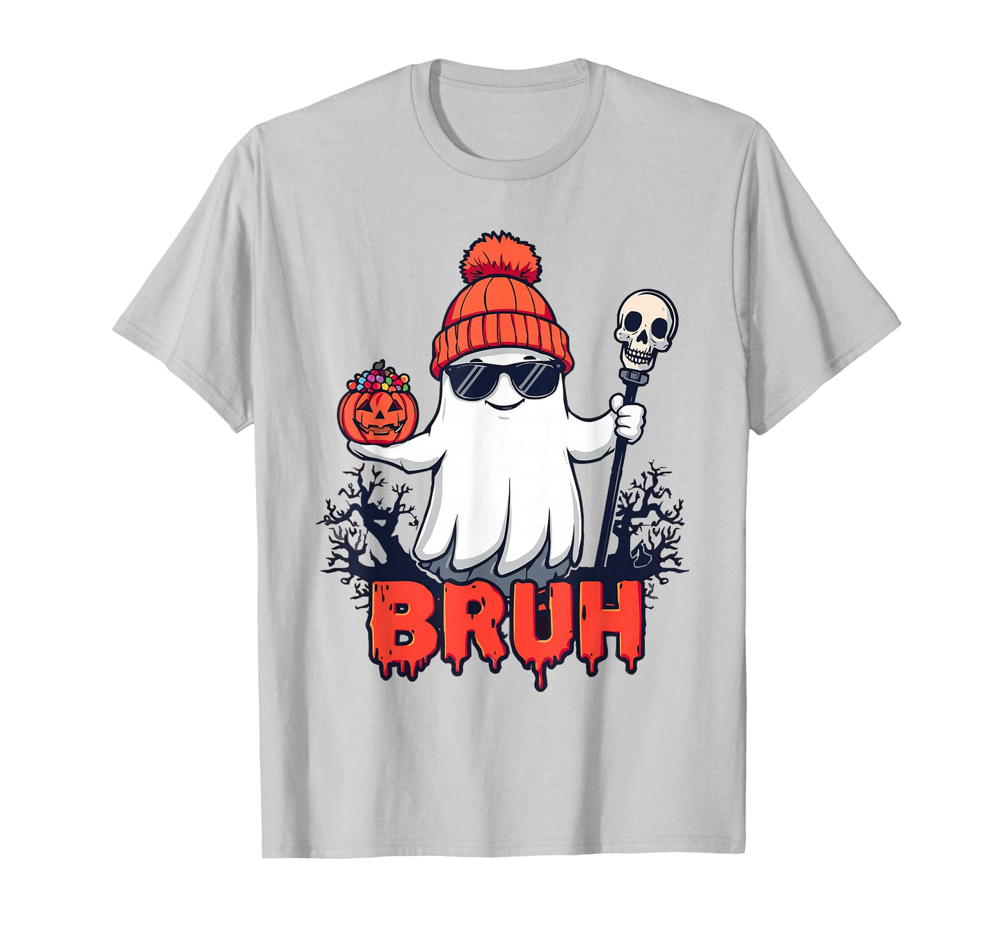 Funny Ghost Bruh Halloween with Pumpkin Trick Or Treat Candy T-Shirt